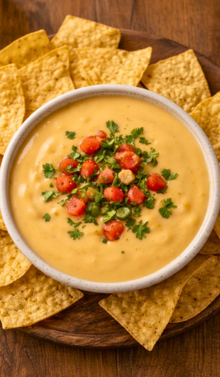 A small rustic bowl filled with creamy Casa Ole queso dip. The queso is smooth, golden and topped with diced tomatoes, green chilies, and jalapeños. Fresh cilantro is sprinkled on top. Crispy tortilla chips surround the bowl, some dipped slightly into the cheese, showing a stretchy texture. The bowl sits on a wooden table with warm, natural lighting, creating a cozy, inviting atmosphere.