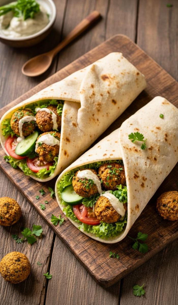 Vegan falafel wraps on a rustic wooden table, filled with crispy falafel, lettuce, tomatoes, cucumber and drizzled with tahini sauce, garnished with parsley