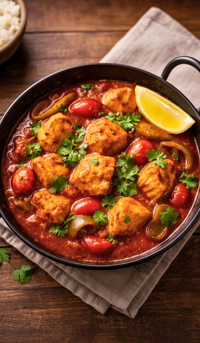 Rich and spicy chicken balti in a black balti dish, with tender chicken pieces, red and green bell peppers, onions, and fresh coriander garnish.