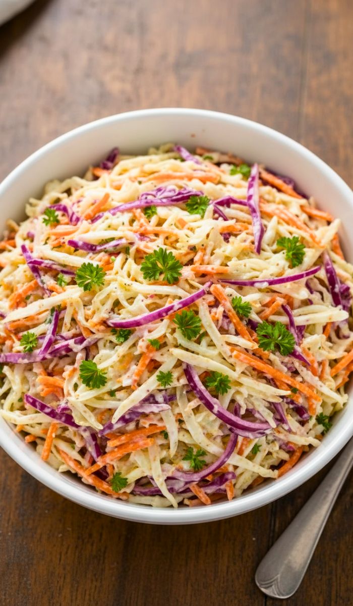 Colorful James Martin coleslaw in a white bowl with shredded white and red cabbage, grated carrots, and red onion, lightly coated in creamy dressing, garnished with fresh parsley, sitting on a rustic wooden table with soft natural light, fork and linen napkin blurred in the background.