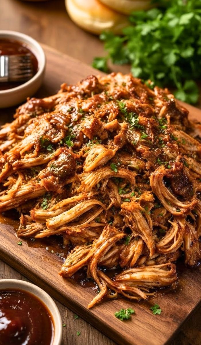 Close-up of tender, juicy pulled pork shredded and coated in rich pan juices. Served with soft burger rolls, barbecue sauce, and fresh herbs on a rustic wooden board.
