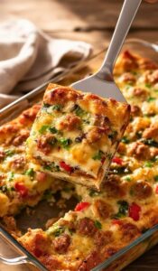 Golden-brown breakfast strata in a glass baking dish, showing layers of bread, cheese, sautéed vegetables, and cooked sausage, with a spatula lifting a portion.