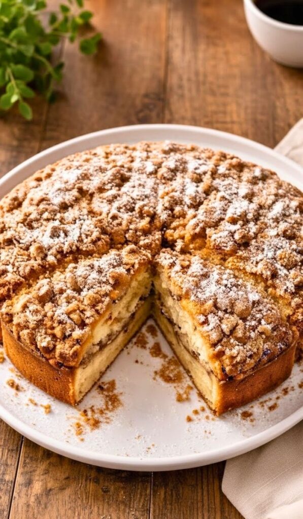 A golden Martha Stewart cinnamon coffee cake with a crumbly cinnamon streusel topping on a white ceramic plate. A few slices are cut to show the soft, tender interior. Lightly dusted with powdered sugar. The cake sits on a rustic wooden table with a soft linen napkin nearby. Warm morning light highlights the texture, and a blurred coffee cup is visible in the background.