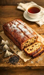 Golden-brown Mary Berry Earl Grey Tea Loaf on a wooden table, with one slice cut to show soft, moist interior. Light dusting of icing sugar, Earl Grey tea bags scattered nearby, and a blurred cup of tea in the background, warm natural lighting, cozy kitchen setting.