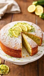Golden-brown Mary Berry lemon courgette cake on a white ceramic stand, with a slice slightly pulled out showing moist crumb and visible courgette and lemon zest, lightly dusted with icing sugar. Fresh lemon slices and grated courgettes around the cake. Warm natural light highlights the texture on a rustic wooden table with a blurred linen napkin in the background. Cozy, inviting kitchen setting.