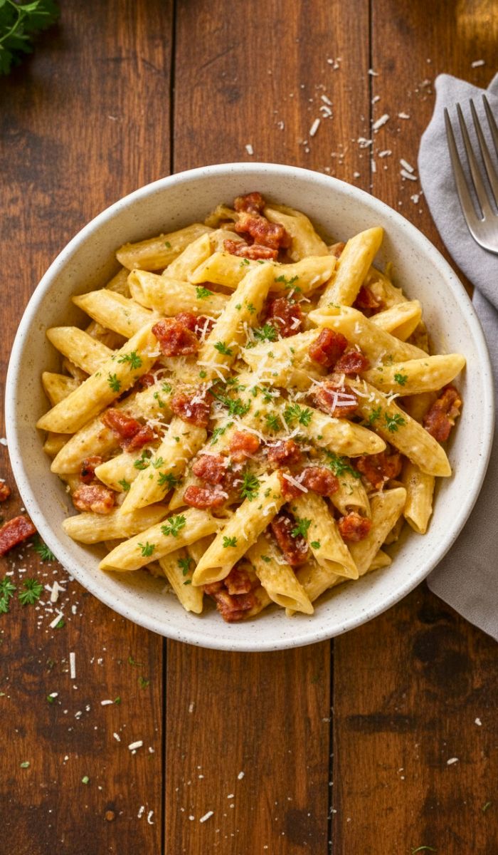 Creamy penne pasta with crispy browned bacon, sprinkled with Parmesan and garnished with parsley. Served in a white ceramic bowl on a wooden table with soft natural light, creating a warm, cozy home-cooked meal feel.