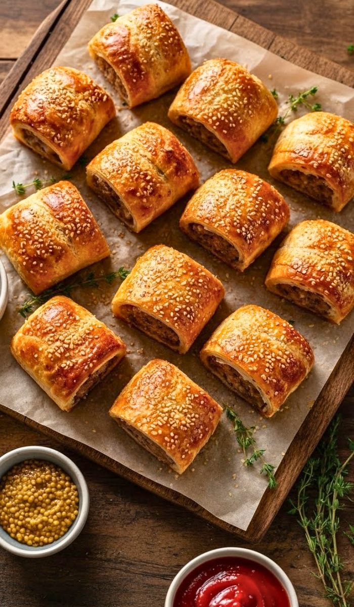 Golden Mary Berry sausage rolls on a baking tray, crisp pastry with juicy sausage filling, ready to serve.
