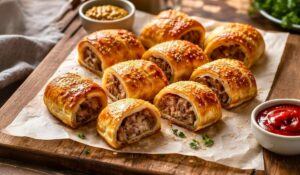 Golden Mary Berry sausage rolls recipe on a baking tray, crisp pastry with juicy sausage filling, ready to serve.