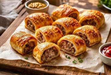 Golden Mary Berry sausage rolls recipe on a baking tray, crisp pastry with juicy sausage filling, ready to serve.