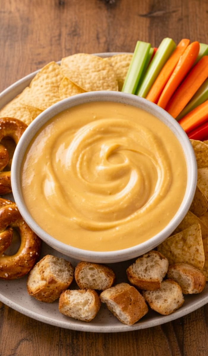 Warm bowl of creamy golden beer cheese dip with steam rising, surrounded by soft pretzels, bread pieces, and chips on a rustic wooden table.