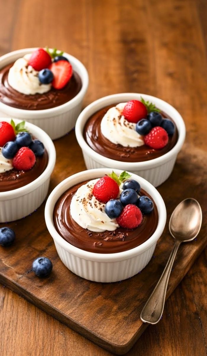 Nigella Chocolate Pots in ramekins with glossy chocolate tops, garnished with whipped cream and fresh berries, served on a wooden table.