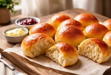 Freshly baked Ozzie Rolls recipe with golden shiny tops, soft fluffy inside, served on a rustic wooden board with butter and jam.