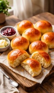 Freshly baked Ozzie Rolls with golden shiny tops, soft fluffy inside, served on a rustic wooden board with butter and jam.