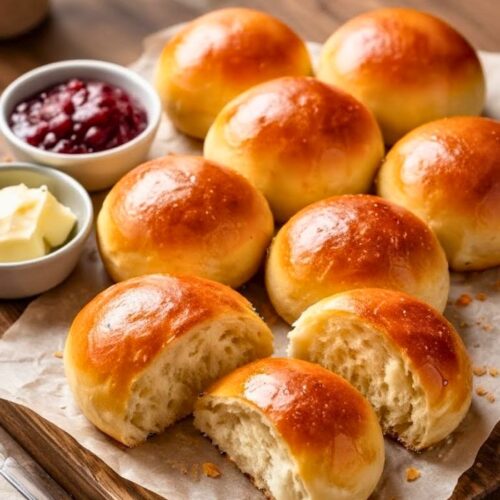 Freshly baked Ozzie Rolls with golden shiny tops, soft fluffy inside, served on a rustic wooden board with butter and jam.