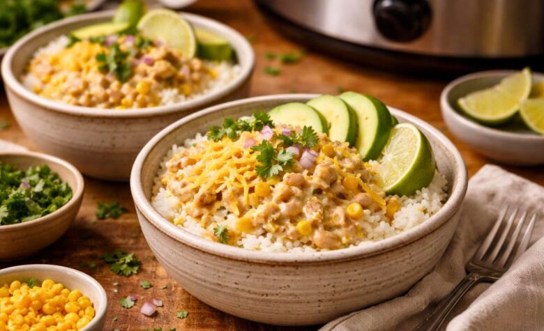 Crockpot White Chicken Chili Burrito Bowls Recipe
