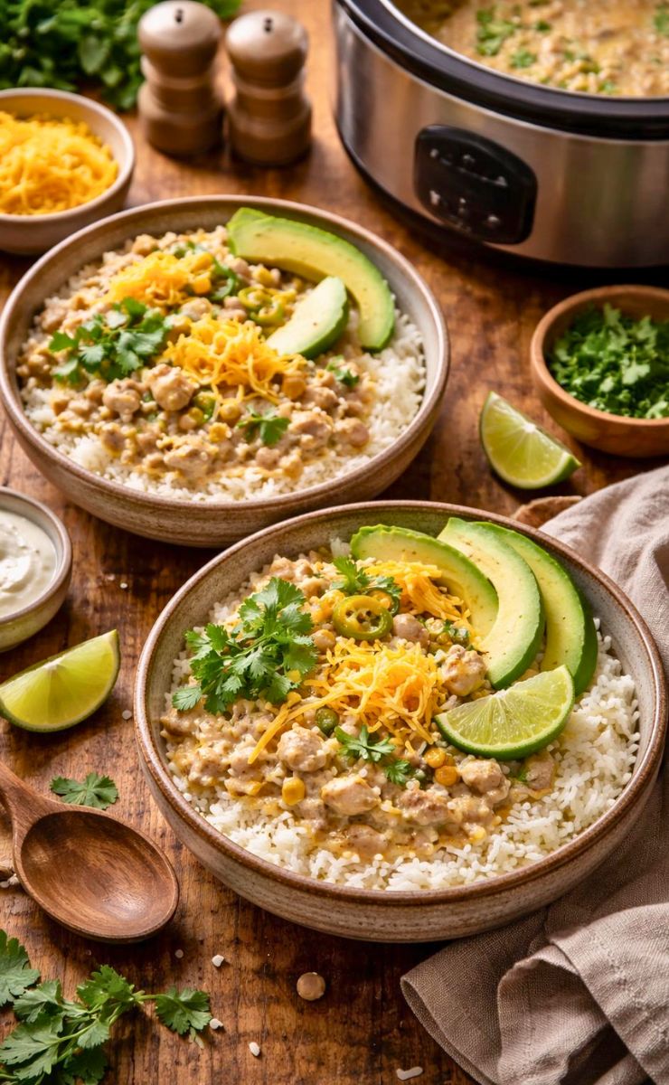 Crockpot White Chicken Chili Burrito Bowls Recipe