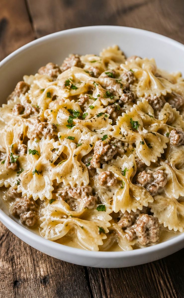 Creamy Parmesan Garlic Beef Bowtie Pasta Recipe