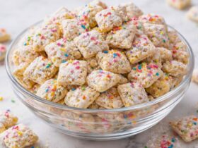 Easy Cake Batter Puppy Chow with White Chocolate & Sprinkles Recipe