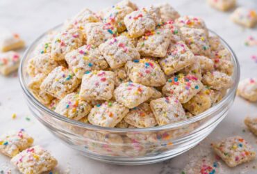 Easy Cake Batter Puppy Chow with White Chocolate & Sprinkles Recipe