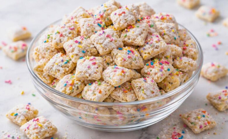 Easy Cake Batter Puppy Chow with White Chocolate & Sprinkles Recipe
