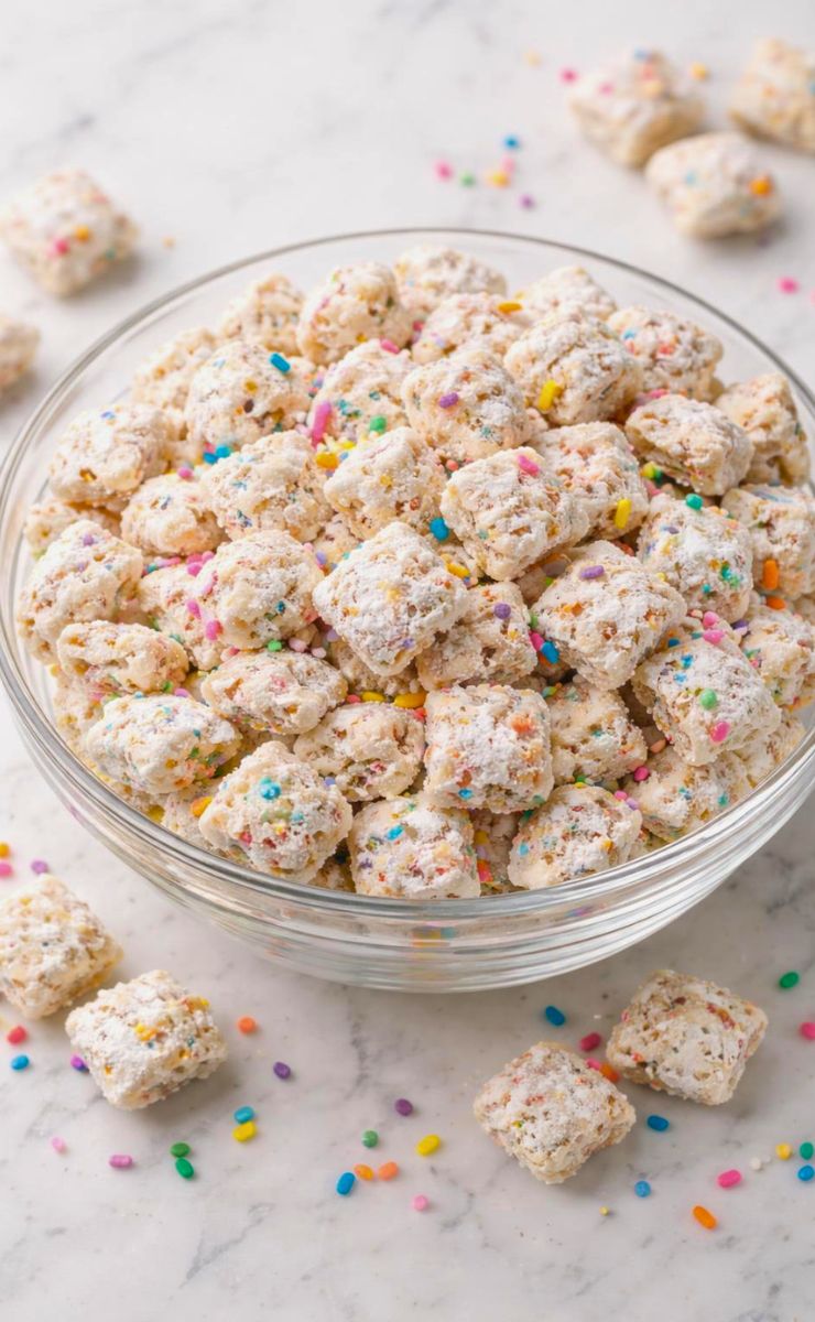 Easy Cake Batter Puppy Chow with White Chocolate & Sprinkles Recipe